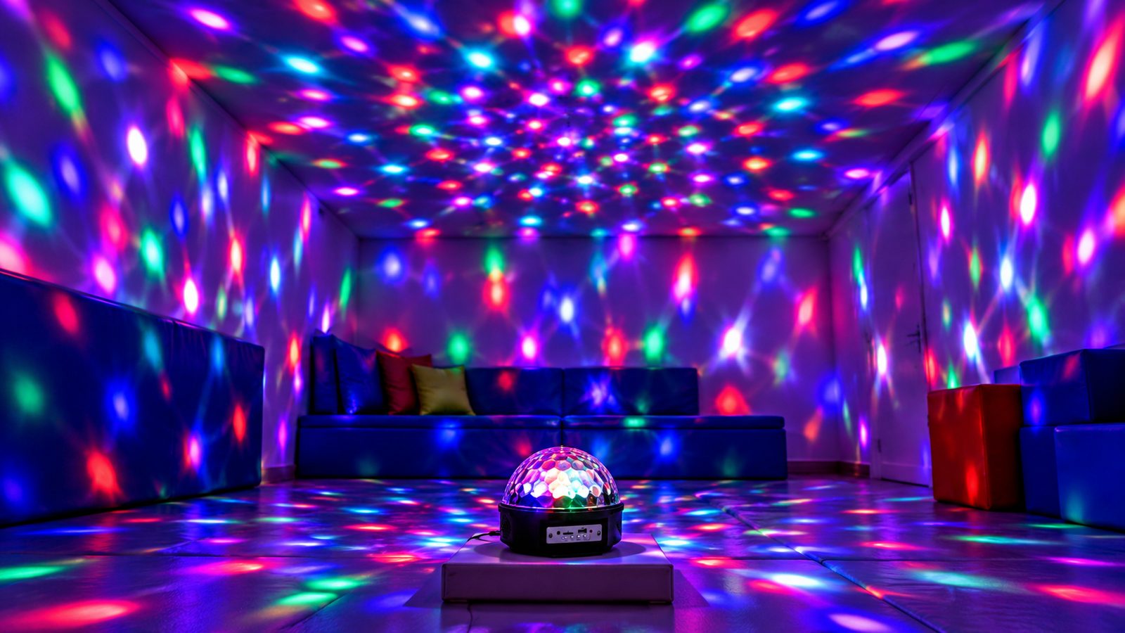Sala multissensorial em modo de estimulação, com projeção de luzes coloridas