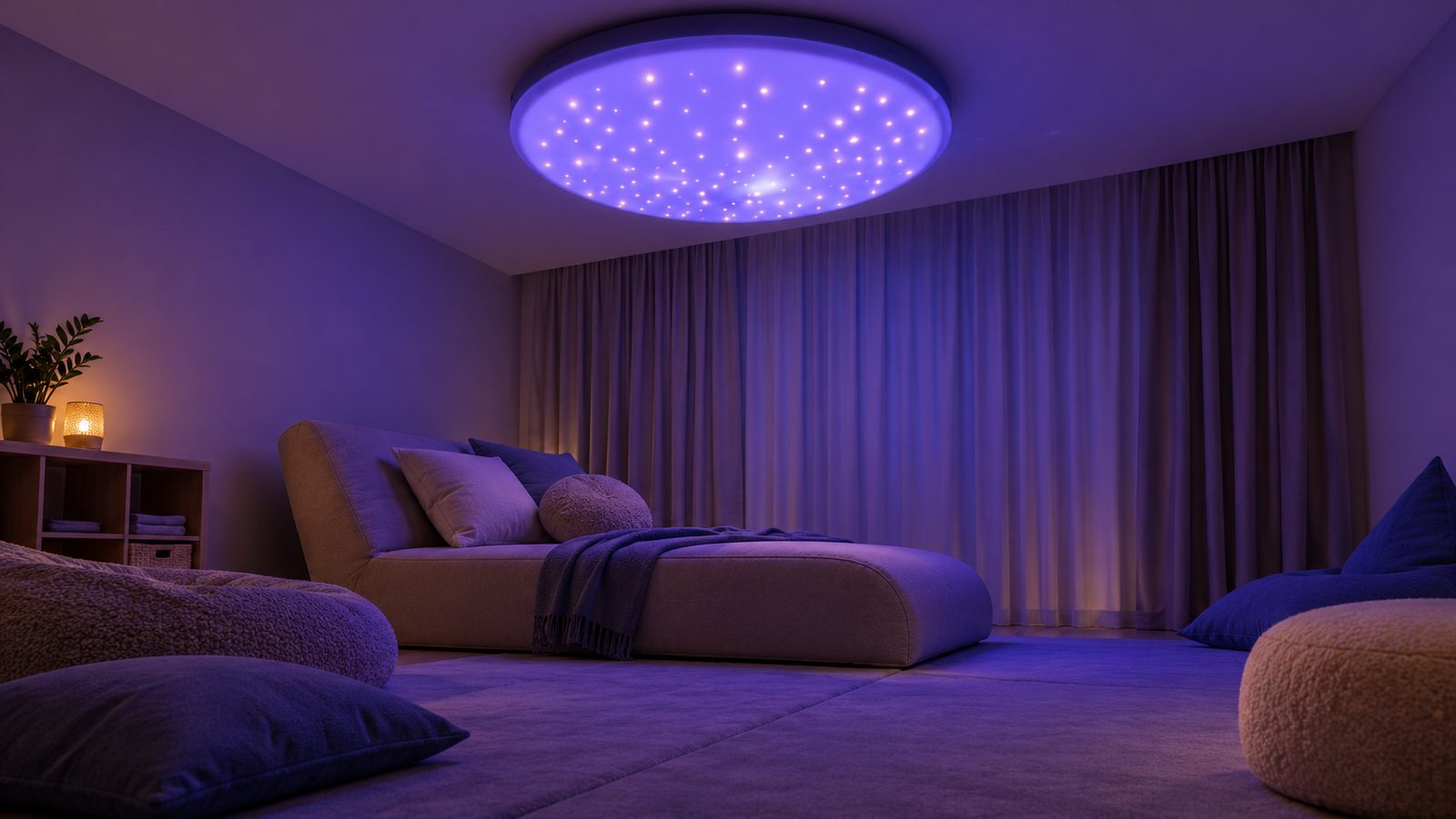 Sala multissensorial em modo de relaxamento, com céu estrelado e luz suave